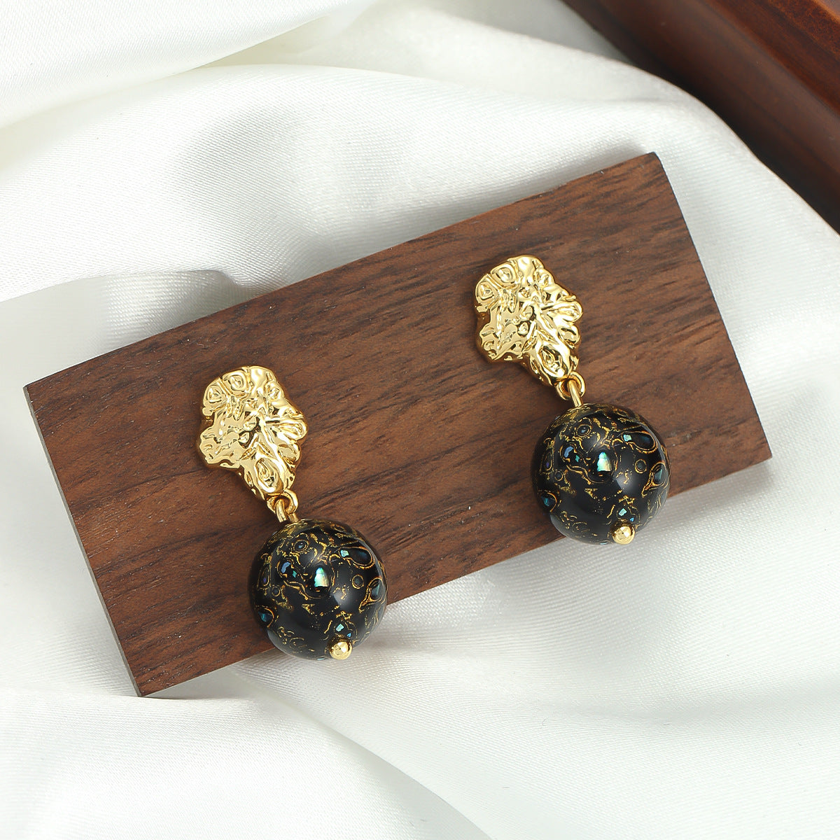 Vintage Ceramic & Gold Artisan Dangle Earrings