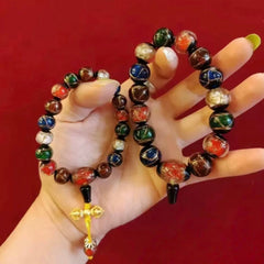 Ethnic Multicolor Crackled Bead Bracelet with Cross