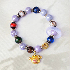 Lavender Jade Bead Bracelet with Lucky Charm & Gold Accents