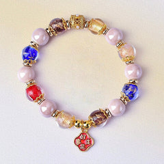 Gold Filigree Gemstone Bead Bracelet with Good Fortune Charm